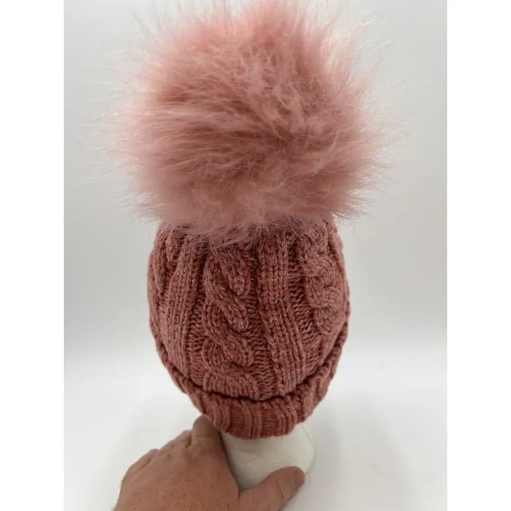 Time and Tru Pink Faux Fur Lined Knit Beanie Hat One Size Women’s Winter